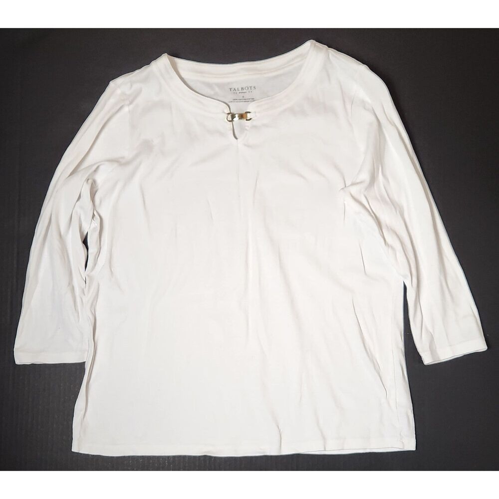 Talbots Woman 1X White Cotton Keyhole Top 3/4 Sleeve
